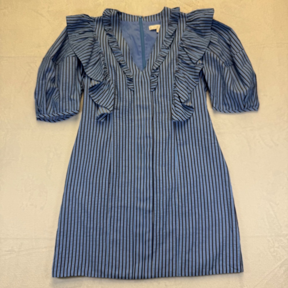 Karlie Blue Striped Ruffle Puff Sleeve V-Neck Shift Dress KRD35385 Womens Small